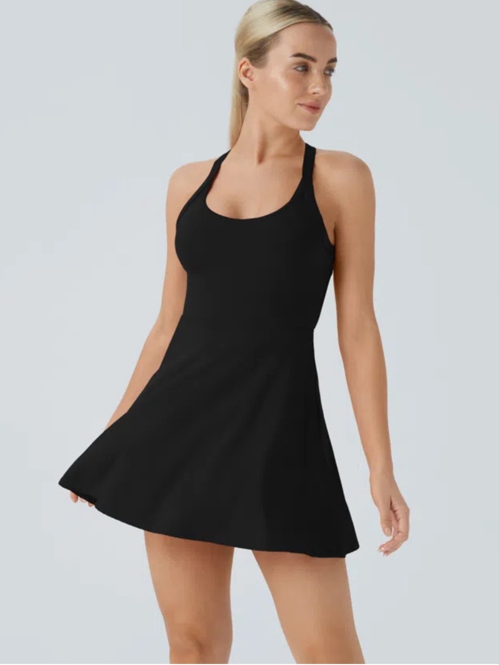 NWT Halara SoftlyZero Airy Backless Twisted Active Dress Black XL Halter Shorts